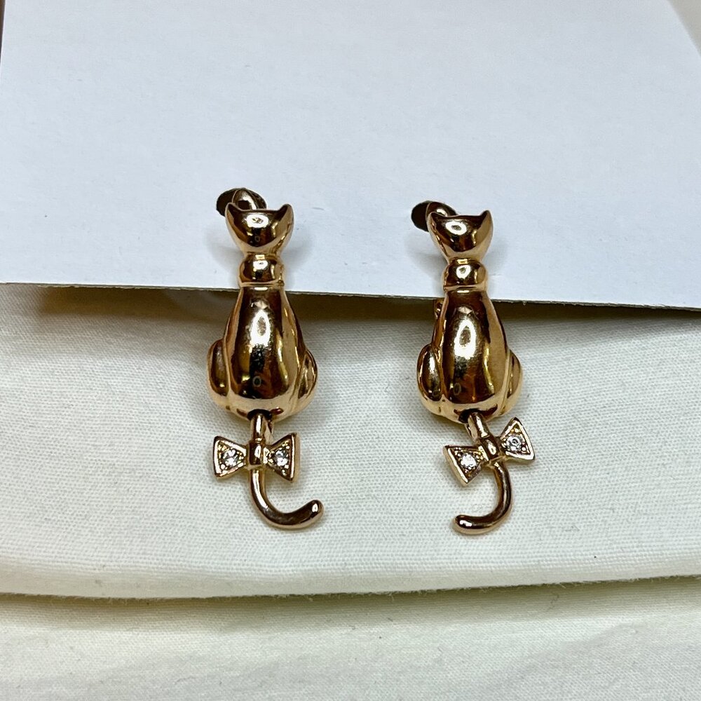 Italina Earrings * Gold Tone Cats with Small Stones * Pierced * Articulated